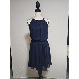 BCX Junior's‎ Scalloped Sleeveless Dress With Sash Belt Navy Size Small Classic